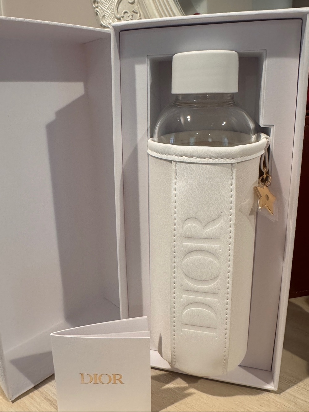 Dior White Embossed Leather Bottle Sleeve with Glass flask & Gold Charm in Box